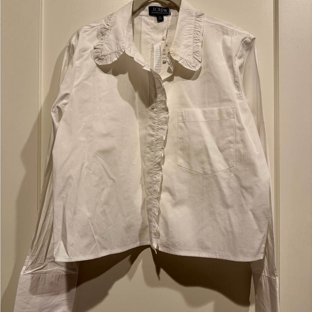 J. Crew White Ruffle Cropped Button Down Shirt